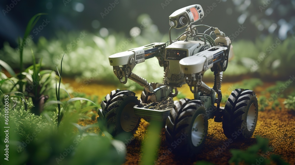 Poster smart robotic farmers concept, robot farmers. futuristic technologies of the future. generative ai