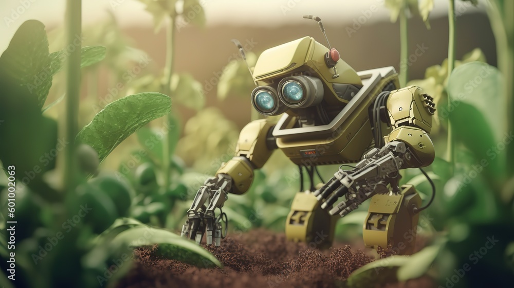 Poster smart robotic farmers concept, robot farmers. futuristic technologies of the future. generative ai