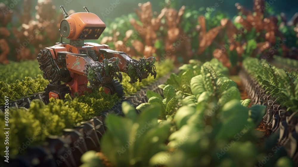 Poster smart robotic farmers concept, robot farmers. futuristic technologies of the future. generative ai