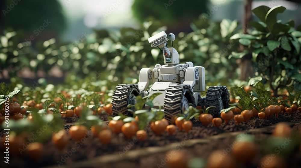 Poster smart robotic farmers concept, robot farmers. futuristic technologies of the future. generative ai