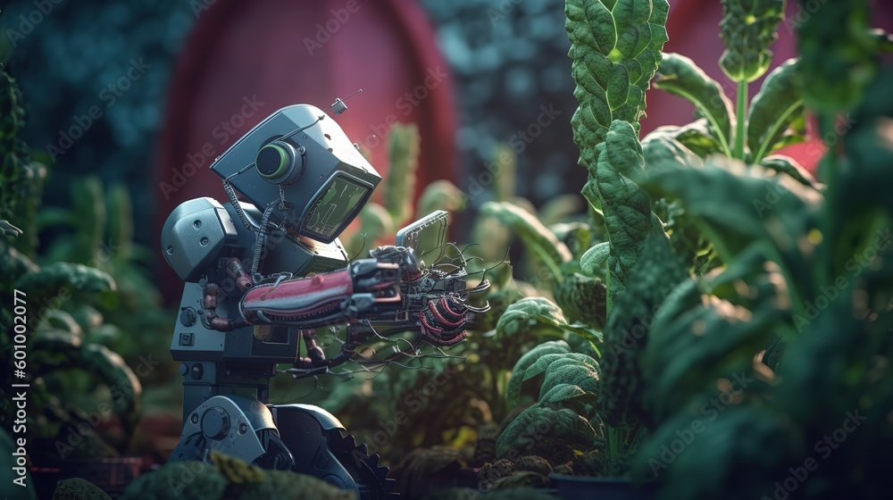 Poster smart robotic farmers concept, robot farmers. futuristic technologies of the future. generative ai