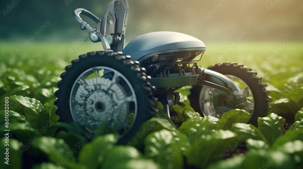 Poster smart robotic farmers concept, robot farmers. futuristic technologies of the future. generative ai