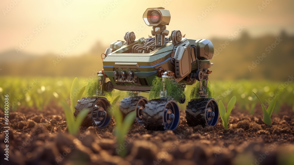 Poster smart robotic farmers concept, robot farmers. futuristic technologies of the future. generative ai