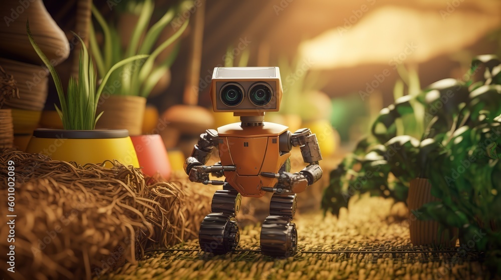 Poster smart robotic farmers concept, robot farmers. futuristic technologies of the future. generative ai