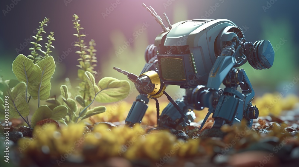 Poster smart robotic farmers concept, robot farmers. futuristic technologies of the future. generative ai