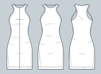 Tank Top mini Dress technical fashion illustration. Women's jersey Dress fashion flat technical drawing template, crew neckline, front and back view, white color, women CAD mockup set.