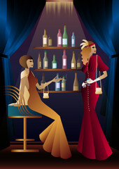 girls in vintage dresses. shelves with alcohol. Vintage art deco style invitation template design for drink list, bar menu, glamorous event, themed wedding, jazz party flyer, etc.