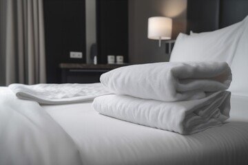 Fototapeta na wymiar bed room towel luxury service home hotel fresh white resort. Generative AI.