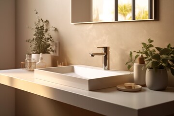 Fototapeta na wymiar sunlight counter house sink wall interior bathroom faucet modern luxury design. Generative AI.