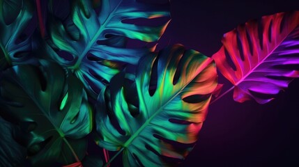 Fluorescent monstera leaf background. Generative ai composite.