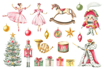 Watercolor Christmas illustration – Nutcracker: Ballerina, soldier, rocking horse, Christmas tree, gifts, mouse king, Christmas toys, retro toys, star, musical trumpet, drum.