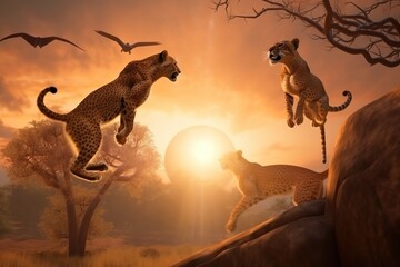 Obraz premium African cougar in a jump on the hunt on Africa Day against the backdrop of the rising sun. AI generated.