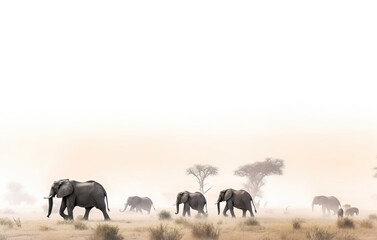 A herd of elephants walks in the day of Africa against the backdrop of a dusty landscape of nature. AI generated.