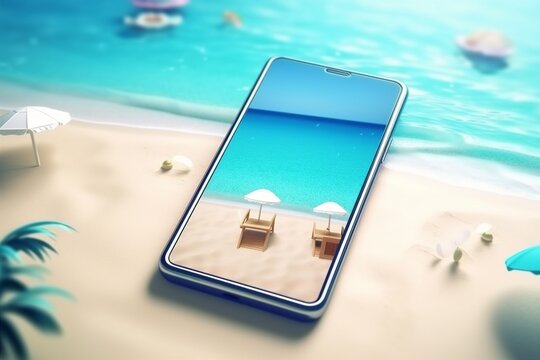 holiday sand phone mock sea cyber concept creative palm up summer. Generative AI.