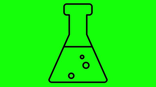 Animated black beaker with liquid. Symbol of analyses. Concept of chemistry, experiments, research, science. Looped video. Linear vector illustration on green background.
