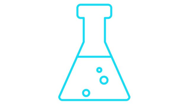 Animated blue beaker with liquid. Symbol of analyses. Concept of chemistry, experiments, research, science. Looped video. Linear vector illustration on white background.