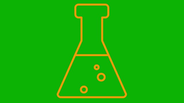 Animated orange beaker with liquid. Symbol of analyses. Concept of chemistry, experiments, research, science. Looped video. Linear vector illustration on green background.