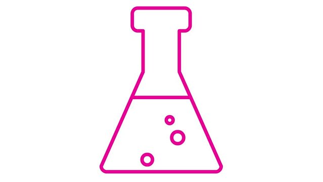 Animated pink beaker with liquid. magenta symbol of analyses. Concept of chemistry, experiments, research, science. Looped video. Linear vector illustration on white background.