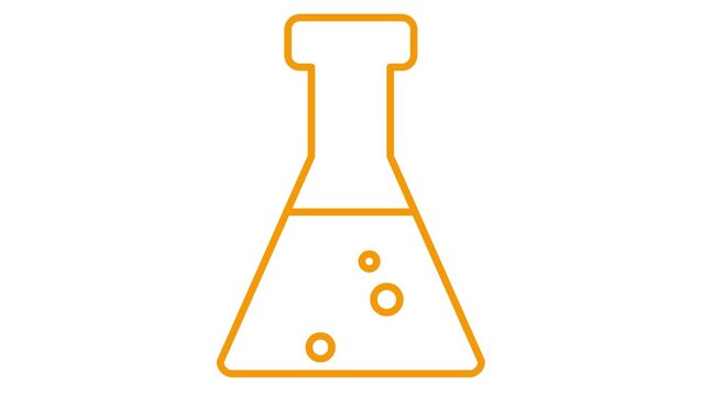 Animated orange beaker with liquid. Symbol of analyses. Concept of chemistry, experiments, research, science. Looped video. Linear vector illustration on white background.