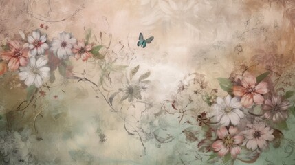 Distressed vintage background with flowers and butterflies. Generative ai composite.