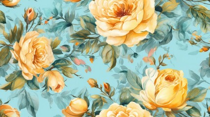 Yellow roses on a sky blue background. Generative ai composite.