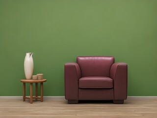 The interior has a armchair on empty green wall background