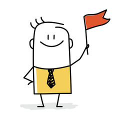 Stick figure, businessman leader holding winner flag.