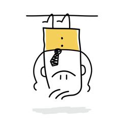 Stick figure, businessman hanging upside down.