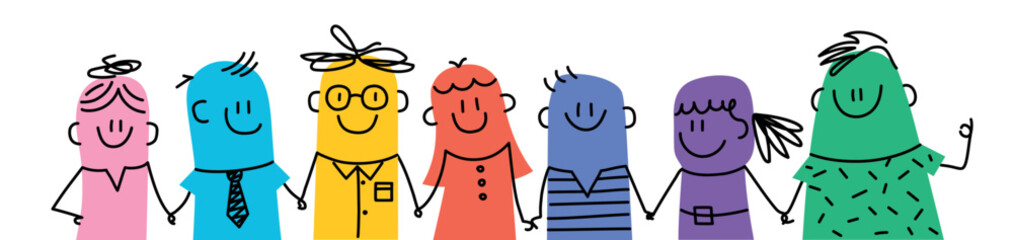 Different people stand together and hold hands.