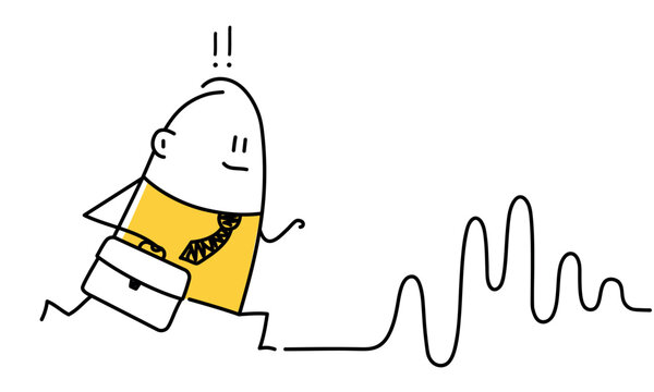Stick figure, businessman run, rough road ahead, risk and uncertain.