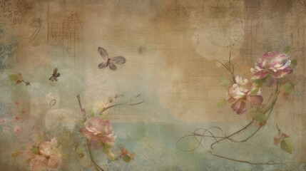 Distressed vintage background with butterflies and flowers. Generative ai composite.