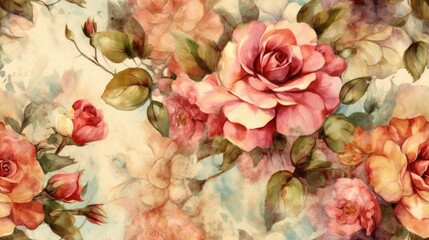 Vintage watercolour roses in full bloom. Generative ai composite.