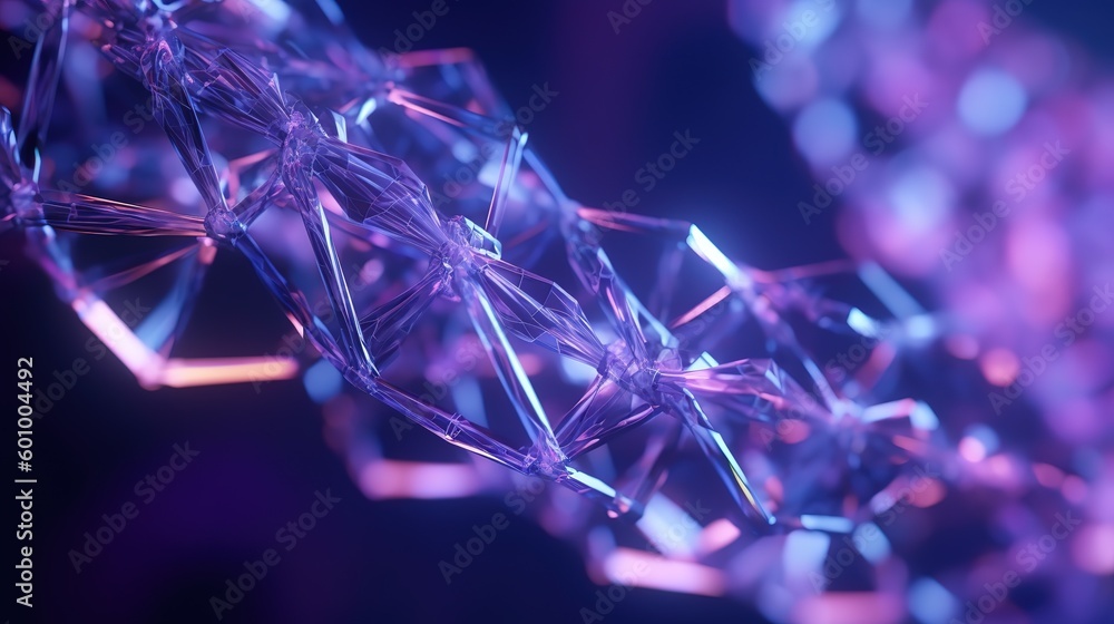 Poster Abstract 3d DNA molecule helix with cutted part.Low-poly style. Abstract neon frame style. Generative AI