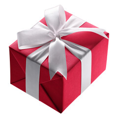 Red gift box with white bow isolated