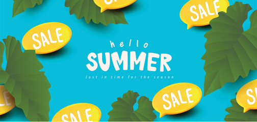 Summer sale promotion poster banner with summer tropical vibes and yellow sale speech bubble
