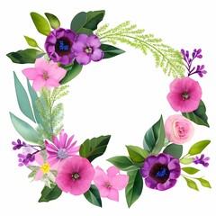 Watercolor/aquarelle floral purple wreath, hand drawn