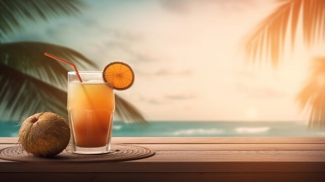 Tropical Cocktails with Fresh Fruits on a Stunning Beach Paradise with Generative AI