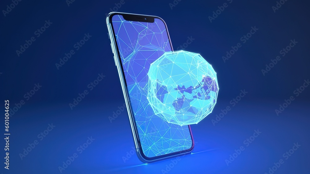 Leinwandbilder abstract phone with planet earth. low-poly style. abstract neon frame style. generative ai