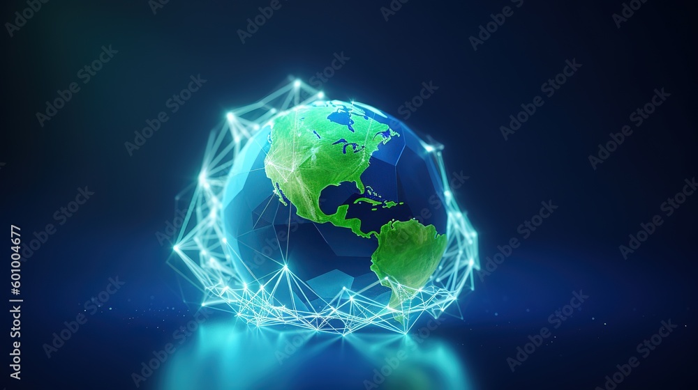 Aufkleber abstract blue planet earth with green plant sprout over it.low-poly style. abstract neon frame style
