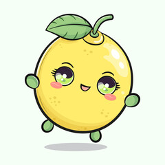 Cute funny jumping lemon. Vector hand drawn cartoon kawaii character illustration icon. Isolated on green background. Lemon concept