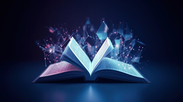 An abstraction of an open book with effects.Low-poly style. Abstract neon frame style. Generative AI