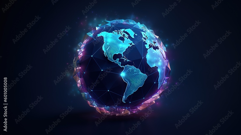 Poster Abstract blue planet Earth.Low-poly style. Abstract neon frame style. Generative AI