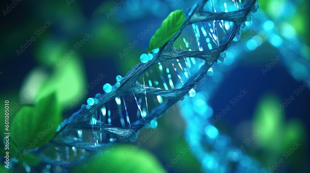 Poster green plant sprout with blue 3d dna molecule helix.low-poly style. abstract neon frame style. genera