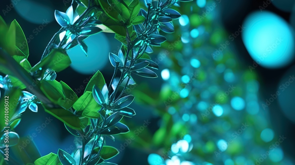 Poster green plant sprout with blue 3d dna molecule helix.low-poly style. abstract neon frame style. genera