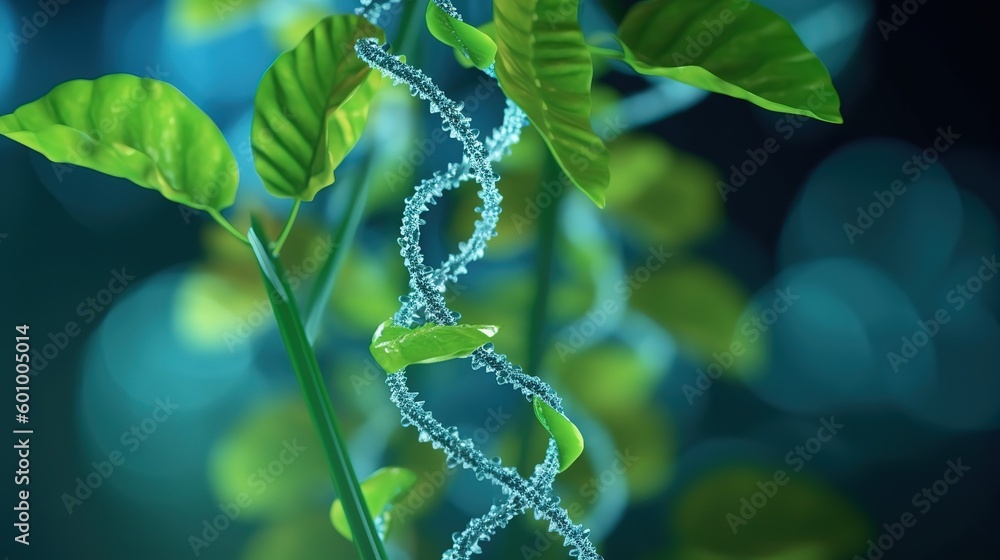 Poster green plant sprout with blue 3d dna molecule helix.low-poly style. abstract neon frame style. genera