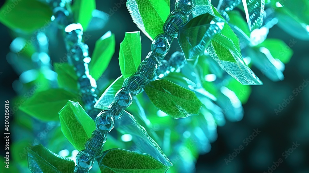 Poster green plant sprout with blue 3d dna molecule helix.low-poly style. abstract neon frame style. genera