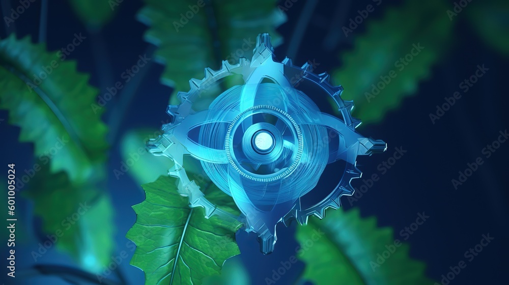 Poster green plant sprout with blue 3d dna molecule helix.low-poly style. abstract neon frame style. genera