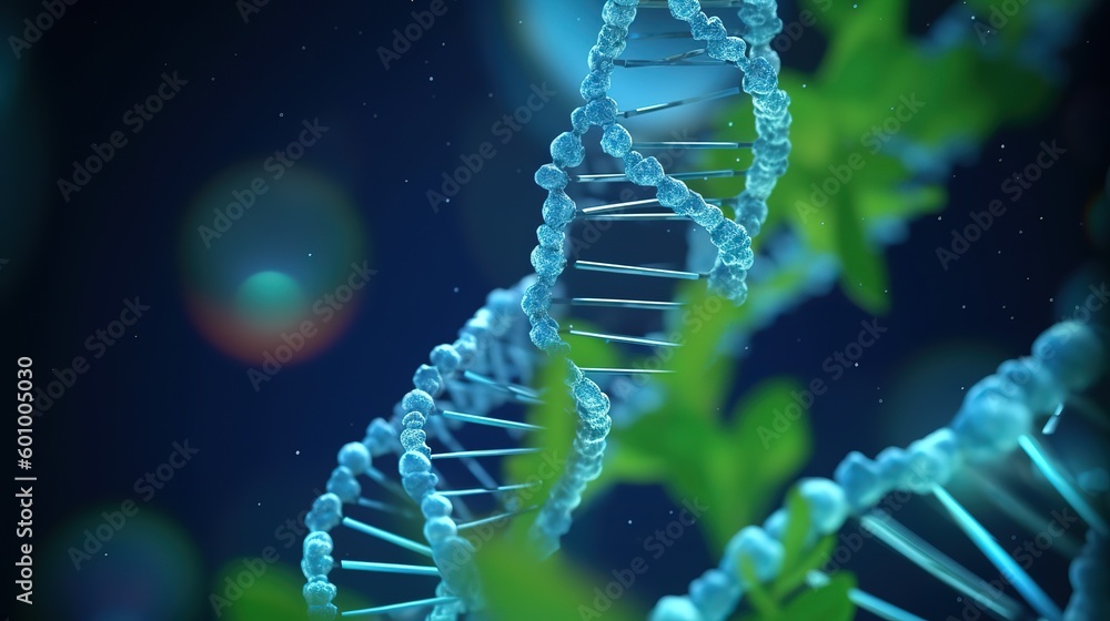 Poster green plant sprout with blue 3d dna molecule helix.low-poly style. abstract neon frame style. genera