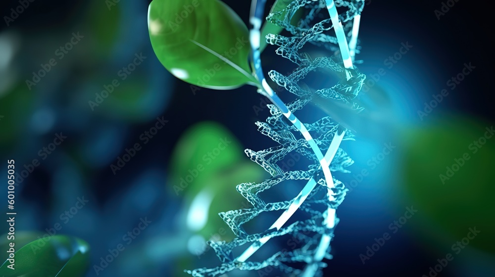 Aufkleber green plant sprout with blue 3d dna molecule helix.low-poly style. abstract neon frame style. genera