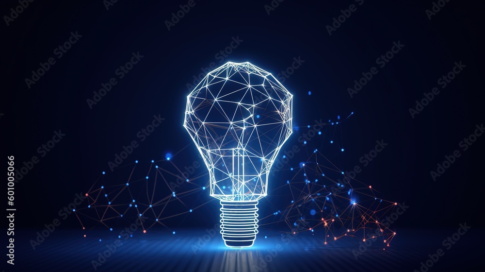 Poster abstract blue glowing light bulb.low-poly style. abstract neon frame style. generative ai